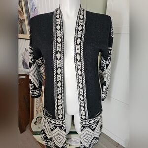 MAXSPORT Black White Ethnic Geometric Long Cardigan Sweater Coat Duster Women L